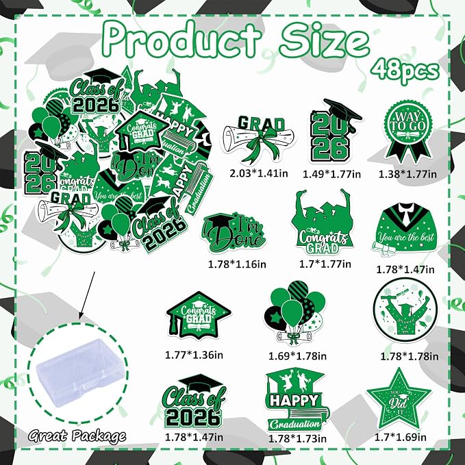 48pcs Edible 2026 Graduation Cupcake Toppers Wafer Paper Green Class of 2026 Cake Decorations Edible Congrats Grad Cupcake Picks for 2026 Graduation Theme Party Cake Supplies