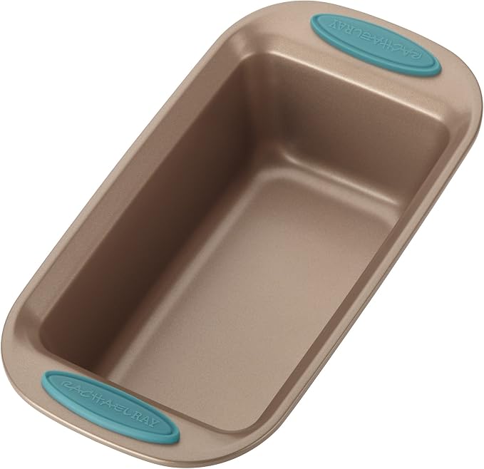 Rachael Ray Cucina Bakeware Oven Lovin' Nonstick Loaf Pan, 9-Inch by 5-Inch Steel Pan, Latte Brown with Agave Blue Handles