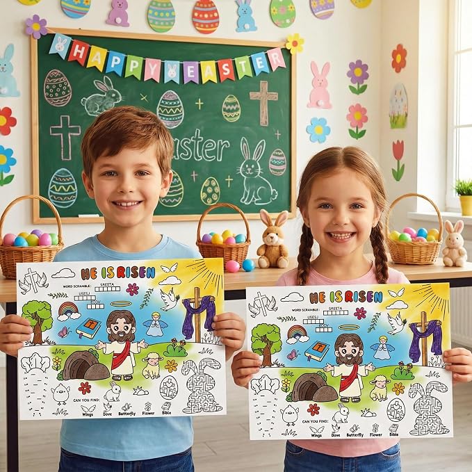 45pcs He is Risen Disposable Coloring Placemats Easter Christian Crafts for Kids Sunday School Easter Party Favors Coloring Poster Religious Activity Church Supplies Paper Table Mats