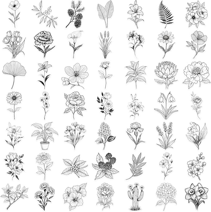 Botany Stickers Pack, 50PCS Black PET Transparent Waterproof Stickers Pack for Water Bottles,Laptop,Scrapbook, Bakery Themed Party Decorations (Black Botany)