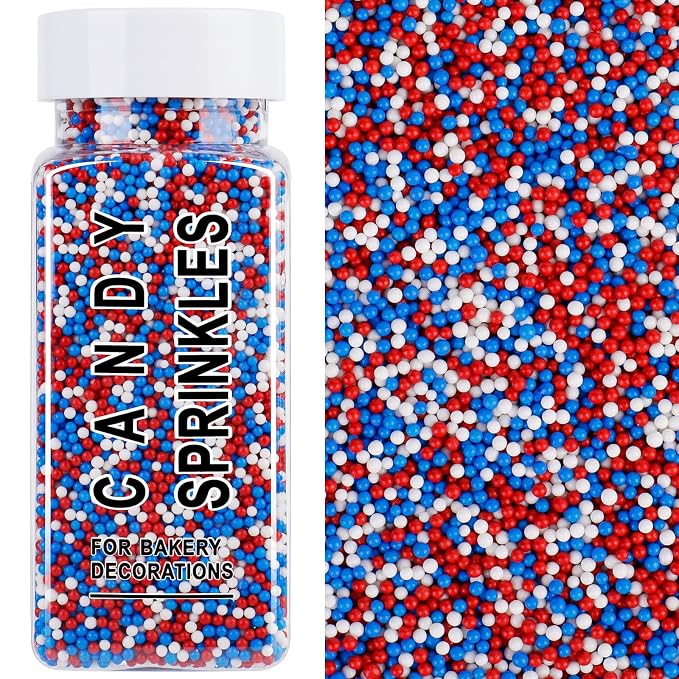 Red White and Blue Sprinkles, 2mm Patriotic Nonpareils Sprinkles for Cake Decorating, 4.6oz Mini Edible Pearls for Baking, Cupcake, Cookie, Ice Cream Toppings, 4th of July Memorial Day Party Supplies