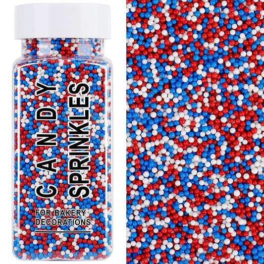 Red White and Blue Sprinkles, 2mm Patriotic Nonpareils Sprinkles for Cake Decorating, 4.6oz Mini Edible Pearls for Baking, Cupcake, Cookie, Ice Cream Toppings, 4th of July Memorial Day Party Supplies