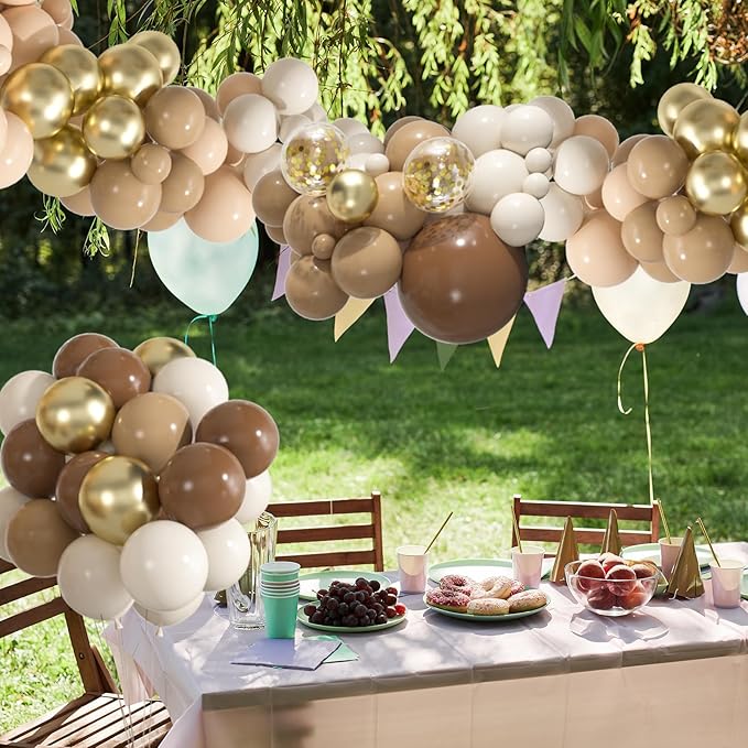 136pcs Brown Balloon Arch Kit, 18 12 10 5 inch Dark Brown Nude Gold Confetti Balloons Garland for Neutral Bear Baby Shower Safari Birthday Party Decorations Supplies