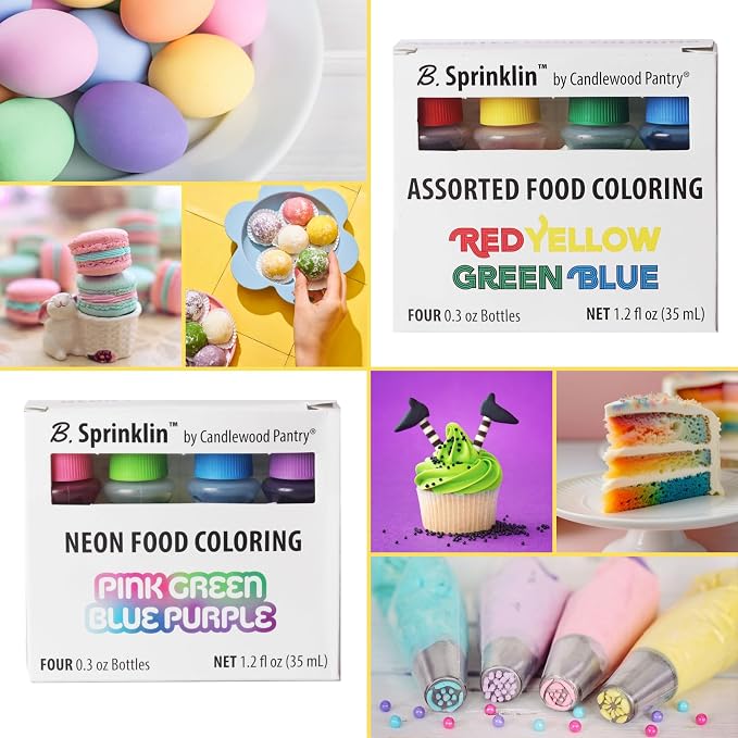 B. Sprinklin Assorted Liquid Food Coloring Kit - Neon and Regular (8) Colors, Vibrant Food Dye for Slime Crafts, Dying Eggs, Frosting and Cake Decorating, 8 Bottles, 0.3 fL Oz by Candlewood Pantry