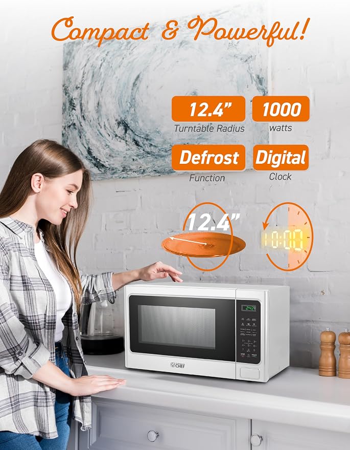 COMMERCIAL CHEF Microwave 1.3 Cu Ft with 10 Power Levels, Microwave with Push Button Door Lock, 1000W Countertop Microwave with Timer and Digital Controls, White