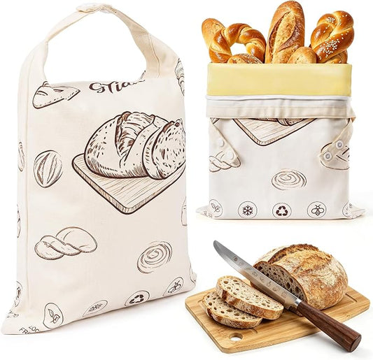 2 Pack Beeswax Bread Bags for Sourdough Homemade Bread, 17"×12.6" Organic Beeswax Linen Cotton Sourdough Bags Food Storage Cloth Bag, with Serrated Bread Knife and Bamboo Cutting Board