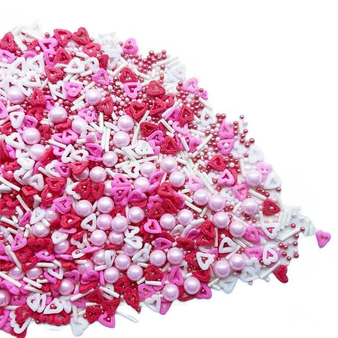SE Si&Moos Red White and Pink Heart Sprinkles for Cake Decorating Edible Cake Sugar Pearls Valentines Sprinkles Heart Cake Decorations for Cupcakes, Ice Cream, Donuts and Lollipops Party Baby Shower Holiday Supplies 3 OZ