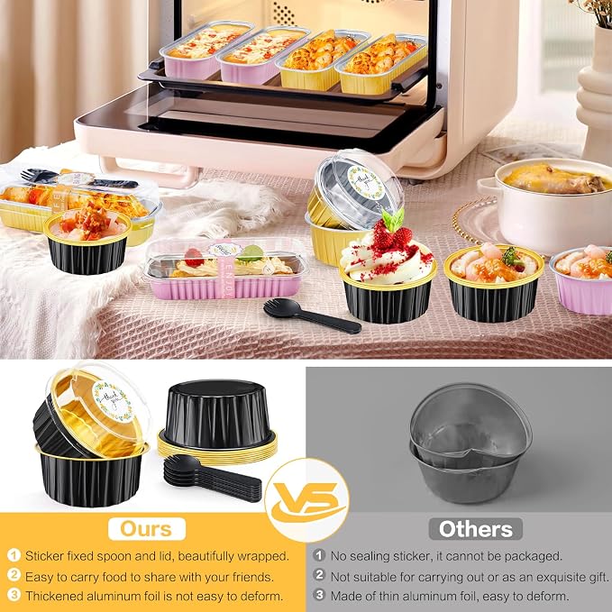 30Pcs Mini Cake Pans with Lids Aluminum Foil, ZOXILEN 5oz Disposable Mini Loaf pans with Lids Spoons, Round Small Baking Cups Pie Tins Cheesecake Containers for Party Black Gold