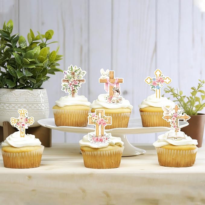 64 PCS Edible God Bless Cupcake Toppers Wafer Paper Dove Cross Baptism Cupcake Picks Edible Floral First Communion Cake Decorations for God Bless Theme Baby Shower Birthday Party Decorations Supplies