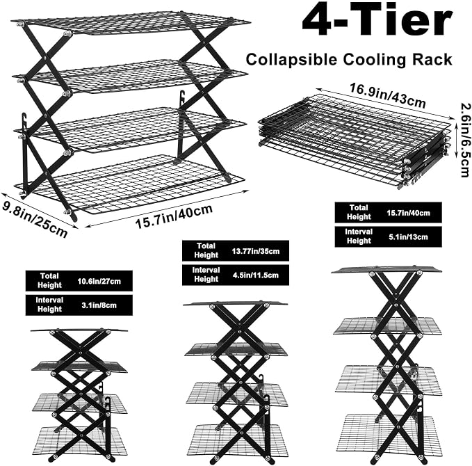 4 Tier Cooling Rack Adjustable Stackable Non-Stick Wire Rack Stainless Steel Baking Racks with Leak-Proof Mesh X-Shaped Structure for Roasting Cooking Cookies Cakes Drying Picnic Party