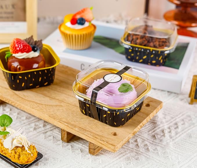 NPLUX 50 Pack Mini Cake Pans with Lids and Spoons Aluminum Foil Pans Square Cake Tins for Bakery Party Wedding, Graduation Gifts Party Favors (Black Gold Spot,5 oz)