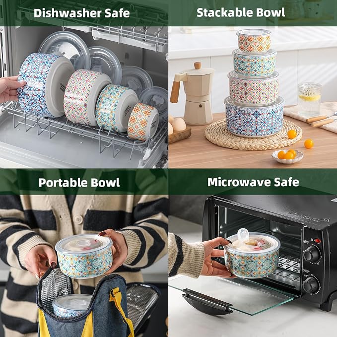 Ceramic Nesting Bowl Set with Lids, Microwave Safe, Set of 4 | Mixing Bowls & Food Storage Containers for Kitchen Prep & Serving (50/32/20/10 oz)