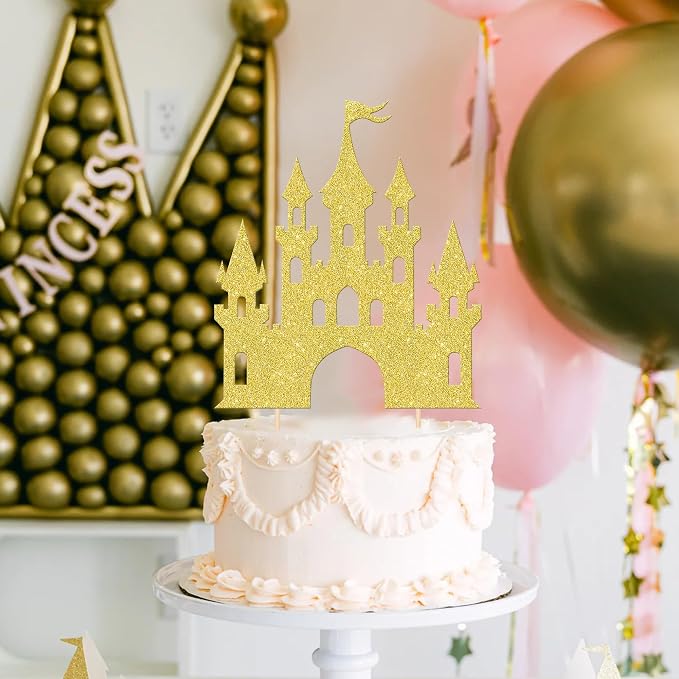 1 PCS Castle Cake Topper Glitter Princess Cake Topper Castle Theme Birthday Party Decorations Queen Castle Cake Pick for Princess Prince Birthday Baby Shower Party Cake Decorations Supplies Gold