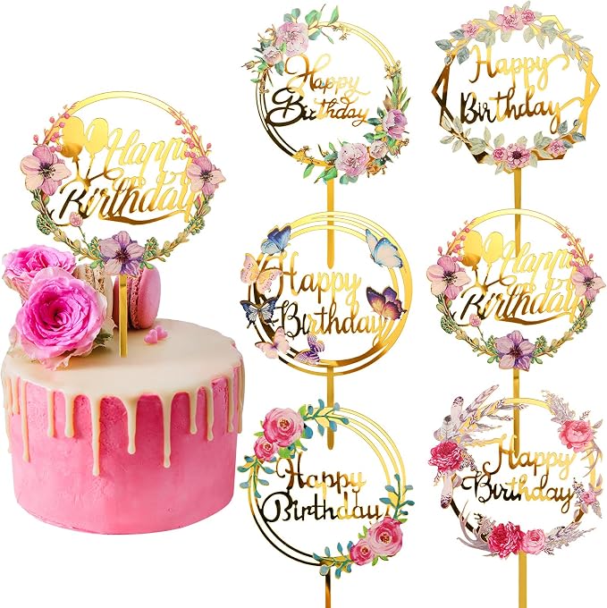 Jetec 6 Pieces Happy Birthday Cake Toppers Gold Flower Acrylic Cupcake Cake Toppers for Various Birthday Party Anniversary Pastries Decorations