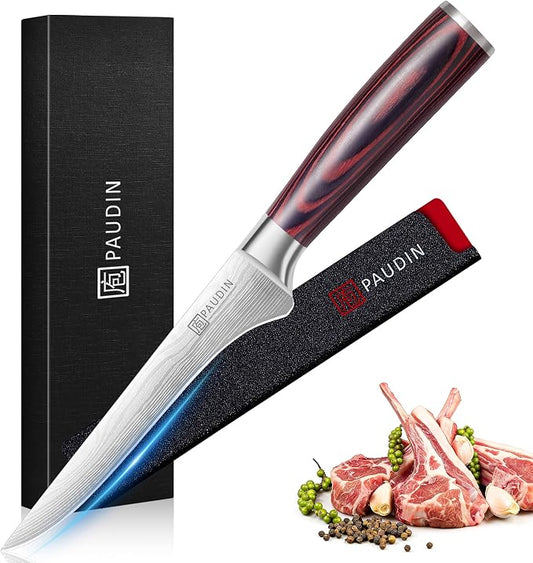 PAUDIN Boning Knife 6 Inch, Super Sharp Fillet Knife, German High Carbon Stainless Steel Deboning Knives, Professional Boning Knives for Meat Poultry Chicken, Pakkawood Handle with Gift Box