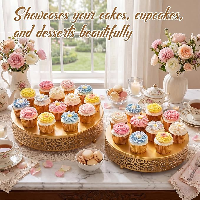 Wenqik 2 Pcs Gold Metal Cake Stand, 14" 16" Large Round Cupcake Stand Dessert Table Display Set Cake Holder for Wedding Birthday Party Bridal Shower Anniversary Table Decoration