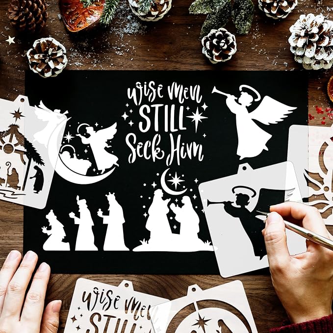 Whaline 15 Pcs Jesus’ Birth Bread Stencils Painting Stencils Christmas Nativity Christ Decorative Cake Baking Templates with Bead Chain for Xmas Holiday Party DIY Craft, 4.7 x 5.1 Inch