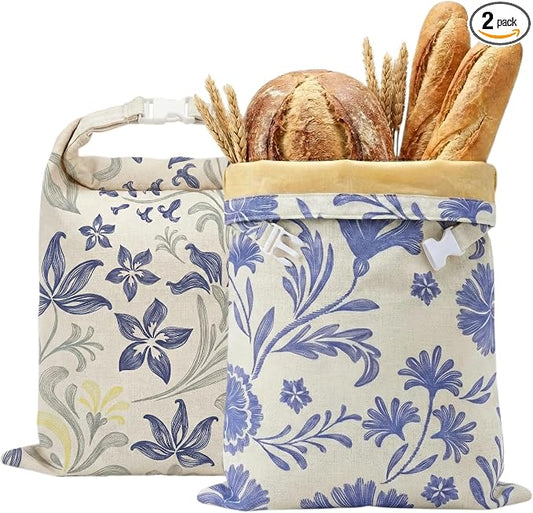 Beeswax Bread Bags for Sourdough & Homemade Bread (2 Pack), XL 13"x17" Large Reusable Cotton & Linen Bread Bag, Keep Loaves Fresh Longer, Natural & Easy to Clean (Classic Blue Floral)