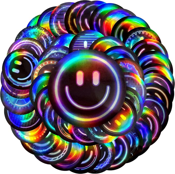 50PCS Smiling Neon Holographic Stickers, Cute Water Bottle Stickers for Kids, for Teaching Rewards, Notebooks, Stationery, Luggage, Cartoon PVC Happy Neon Stickers