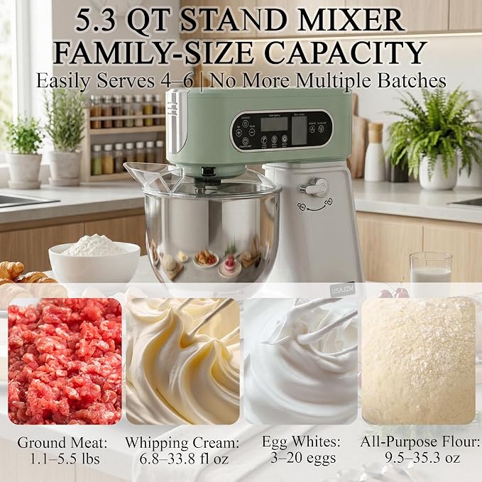 5.3 Qt 9-Speed Tilt-Head Stand Mixer, Multi-Function Electric Mixer | 3 Mixing Attachments, Meat Grinder & Vegetable Slicer, Stainless Steel Bowl, Splash Guard, Easy Clean, Spearmint