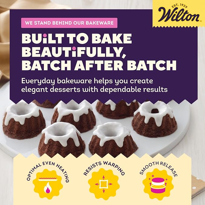 Wilton Gold Non-Stick Bakeware Mini Fluted Pan - Baking Pan for Mini Bundt Cakes, Donuts & More - Made Without PFAS & Scratch Resistant - Offers Even Heat Distribution - 16.5 x 11 Inch, 12 Cavity