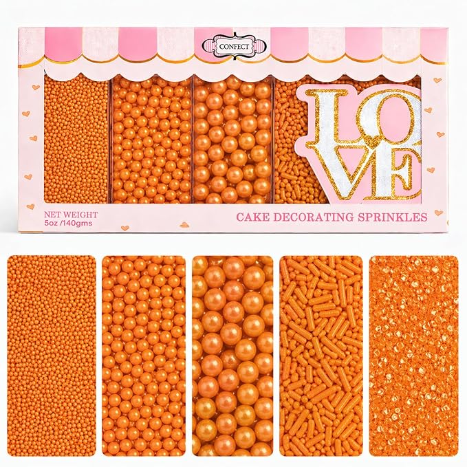 Confect Orange Sprinkles – Halloween Edible Sprinkle Mix | Assorted 5-Pack with Orange Dragees, Jimmies & Sparkling Sugar | Spooky-Night Sprinkles | Cake & Cupcake Decorating Topping | Vegan, Gluten-Free – 5 Oz