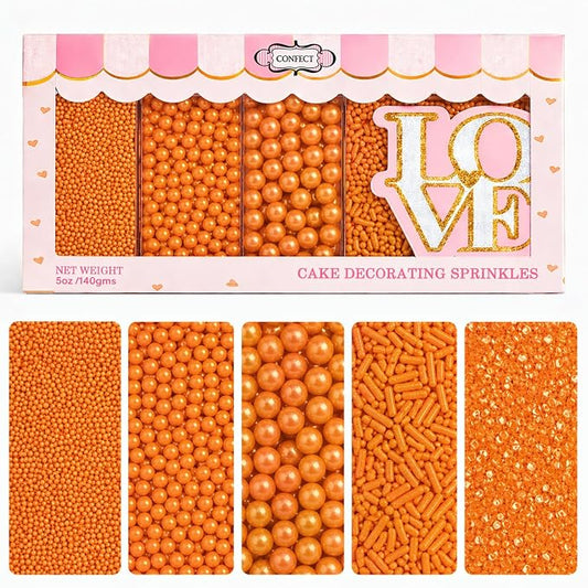 Confect Orange Sprinkles – Halloween Edible Sprinkle Mix | Assorted 5-Pack with Orange Dragees, Jimmies & Sparkling Sugar | Spooky-Night Sprinkles | Cake & Cupcake Decorating Topping | Vegan, Gluten-Free – 5 Oz