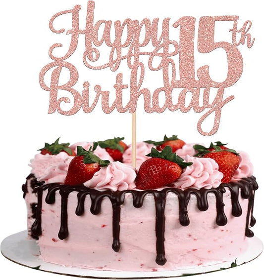 1 PCS Happy 15th Birthday Cake Topper Glitter Cheers to 15 Years Birthday Cake Pick Mis Quince 15 Fabulous Cake Decoration for Happy 15th Birthday Theme Party Decorations Supplies Rose Gold