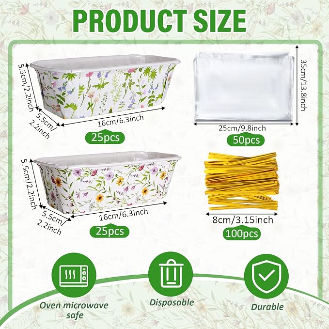 Hushee 50 Sets Wildflower Paper Loaf Pans with Bags & Ties, 6.3x2.2x2.2" Disposable Mini Bread Baking Molds, Colorful Floral Spring Cake Liners for Mother's Day Easter Garden Party Gifts