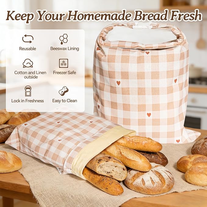 Beeswax Bread Bag for Sourdough, 1 pc Reusable Beeswax Bread Bag for Homemade Sourdough, XL Natural Cotton and Linen Food Storage Bag for Picnics, Pantry, Long-Lasting Freshness (Checkered Pattern)