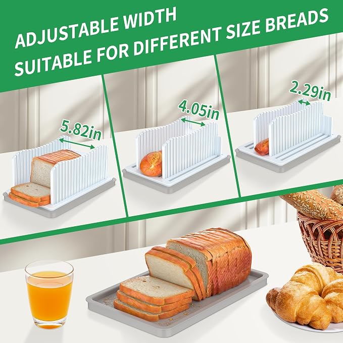 CAWIU Bread Slicer for Homemade Bread, Foldable Bread Cutter with Crumb Tray, Adjustable Width Bread Slicing Guide for Loafs, Sandwiches, Bagels, and Cakes