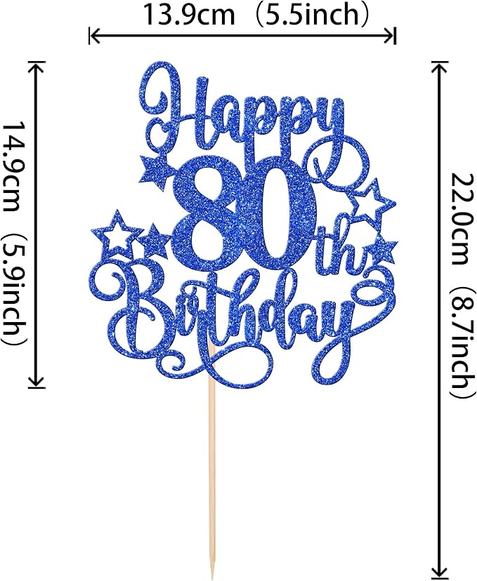 1 PCS Happy 80th Birthday Cake Topper Glitter Cheers to 80 Years Birthday Cake Pick Hello 80 Fabulous Cake Decoration for Happy 80th Birthday Anniversary Party Decorations Supplies Blue