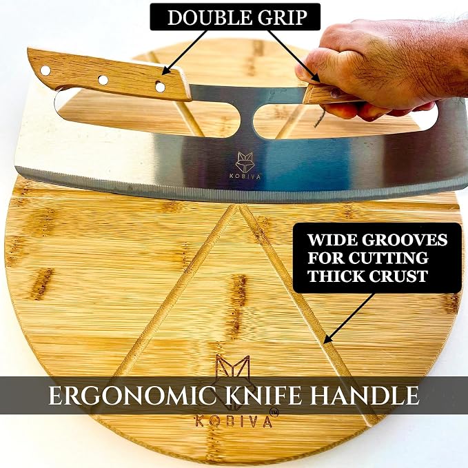 14” Dual-Grip Pizza Cutter Pizza Board | Gift Pizza Set, Best Pizza Cutter Rocker Blade, Bamboo Pizza Cutting Board, Pizza Slicer, Pizza Serving Board, Pizza Rocker Knife For Cutting Pizza Piza
