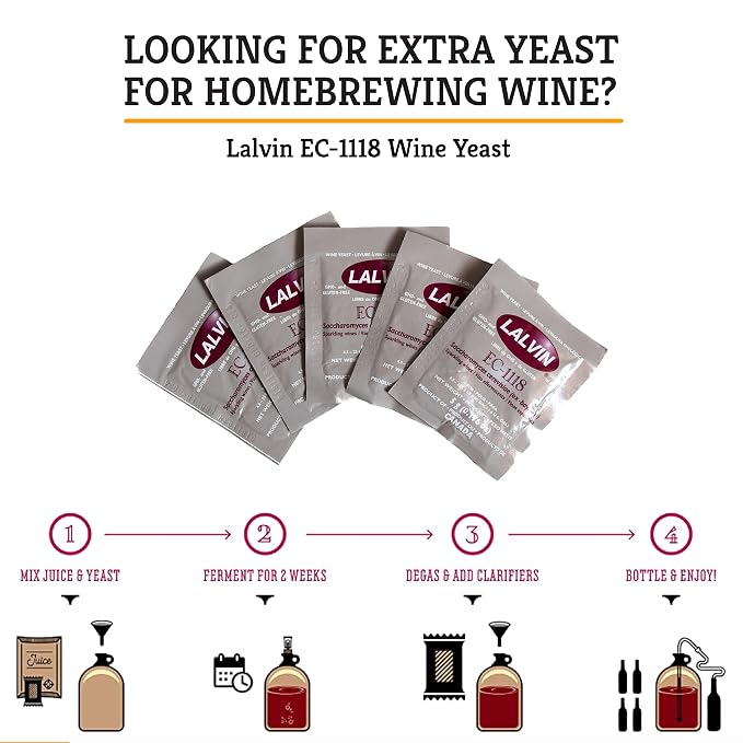 Craft A Brew - Lalvin EC-1118 Wine Yeast - Neutral Dry Wine Yeast - For Reds, Whites & Sparkling Wines, Hard Ciders & Seltzers - Ingredients for Home Fermenting - Wine Making Supplies - [5 Pack]