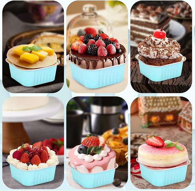 30Pack 5oz Blue Mini Cake Pans with Lids and Spoons Baking Cups Aluminum Foil Pans Tins, Individual Dessert Cups Containers for Sales,Party,Picnics