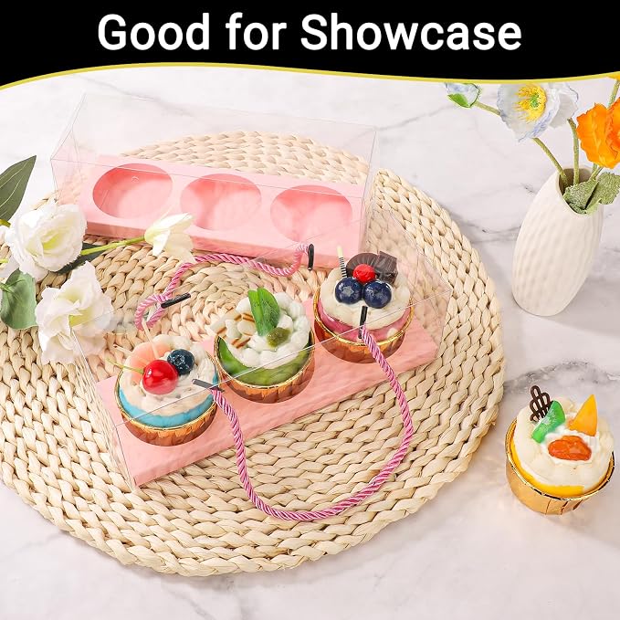 EUSOAR Clear Cupcake Boxes, 20 Pcs 9"x3"x3" Pink Portable Muffins Cupcake Containers 3 Compartments with Inserts, Rectangular Dessert Pastry Holder Cookies Wrappers for Birthday Wedding Party Bakery