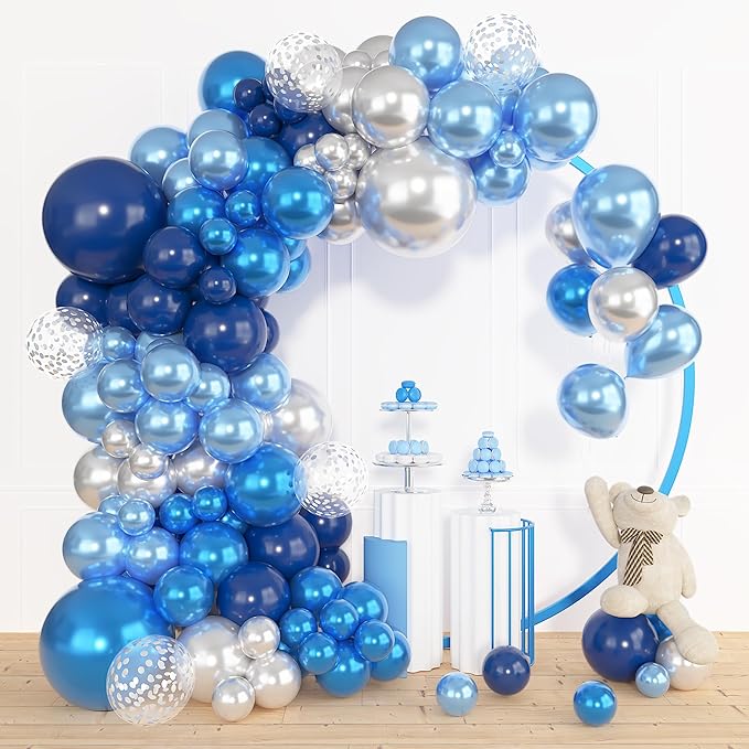Amandir 153pcs Blue and Silver Balloon Garland Arch Kit, Different Sizes 18 12 10 5 inch Royal Navy Blue Latex Metallic Confetti Balloons for Graduation Wedding Shower Birthday Party Decorations