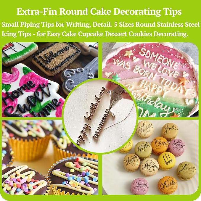 Suuker Extra-Fine Round Piping Tips Set, 5 Pieces | Seamless Stainless Steel, Small Icing Tips, Cake Decorating, Cake Writing Tool