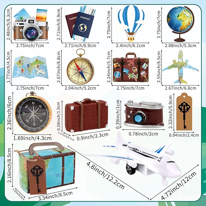 Hooqict 34 Pcs Travel Birthday Cake Topper with Mini Suitcase, Globe, Map, Airplane Cake Decorations for Travel Themed Party Decorations Let The Adventure Begin Around the World Party Supplies