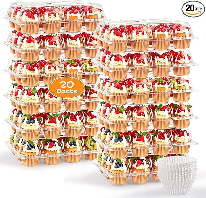 12 Pack x 20 Sets Plastic Cupcake Containers, Stackable Cupcake Boxes Holders with Tall Dome Lid, Disposable Clear Cupcake Carrier Trays for Bakery Transport