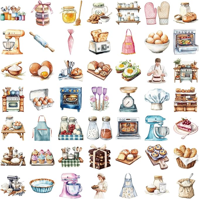 Cute Baking Stickers for Adults,Teens,Kids, 50PCS Realistic Bakery PET Transparent Waterproof Stickers Pack for Water Bottles,Laptop,Scrapbook, Bakery Themed Party Decorations (Baking)