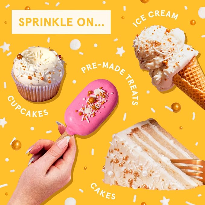 Fancy Sprinkles Gold Digger Sprinkle Mix | Gold & White Jimmies, Candy Pearls & Stars | Cake, Cupcake & Cookie Decorating | Wedding, Bridal Shower & New Year's | 2 Pack (0.5c)