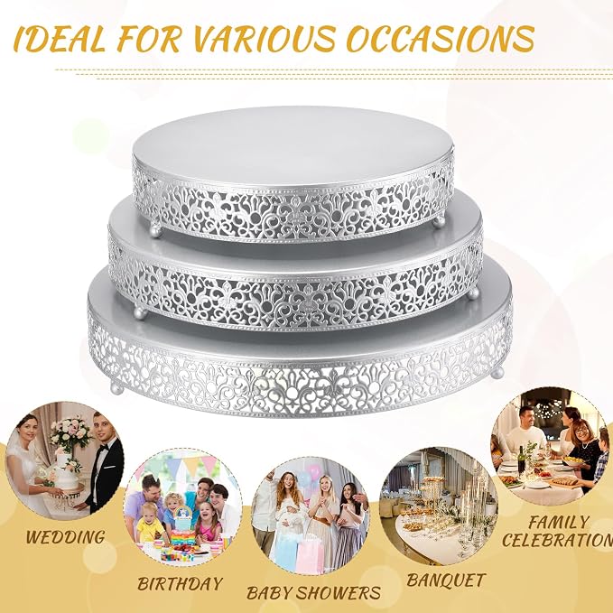 Wenqik 3 Pcs 16'' 14'' 12'' Metal Silver Cake Stand Round Cake Stands for Dessert Table Cookies Fruit Serving Tray Cupcake Dessert Pastry Riser for Wedding Birthday Party and Events(Classic Style)