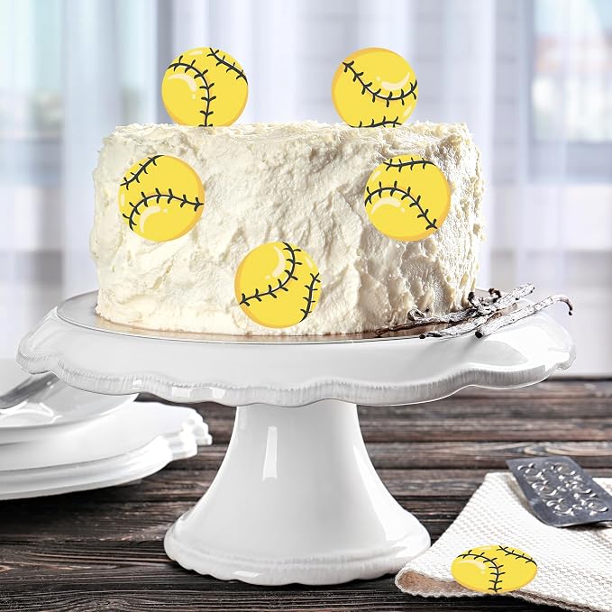 48pcs Edible Sports Cupcake Toppers Edible Basketball Soccer Baseball Tennis Rugby Cake Decorations for Sports Ball Game Theme Baby Shower Birthday Party Cake Decorations Supplies (softball)