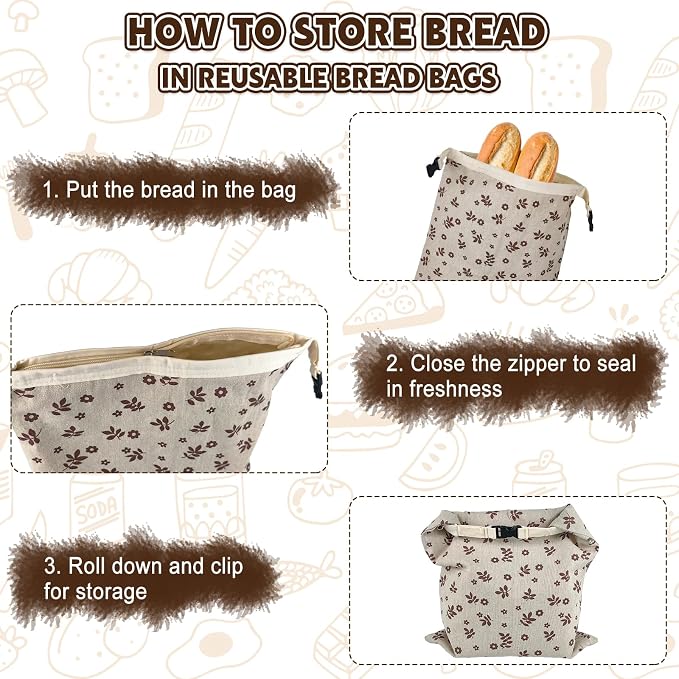 2 Pack Beeswax Bread Bags for Sourdough Homemade Bread, XL Linen Bread Bag | Zippered Reusable Cotton Bread Bags, 10 Pcs Large Paper Bags, Food Storage Bag, Lock in Freshness, Freezer Safe, Eco-Friendly