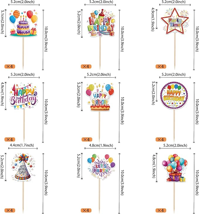 36 PCS Happy Birthday Cupcake Toppers Colorful Balloon Star Cheers Let's Party Time Firework Cupcake Pciks Happy Birthday Cake Decorations for Celebrating Anniversary Party Cake Decorations Supplies