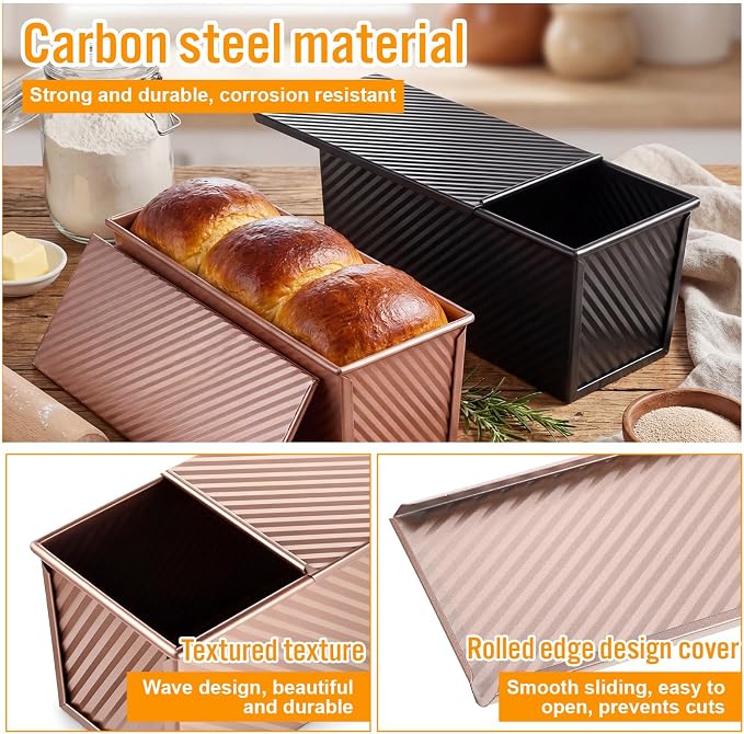 2 Pack Pullman Loaf Pan with Lid and a Silicone Spatula and Basting Pastry Brush, 2.2 LB & 1 LB Dough Capacity, Non-Stick Carbon Steel Bread Pans, Corrugated Toast Mold for Bakeware Toast Oven Baking