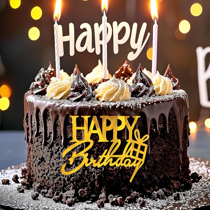 Amabro Happy Birthday Cake Topper, 8 PCS Golden Cake Decoration Set, Acrylic Mirror Cake Topper Inserts Accessories for Anniversary