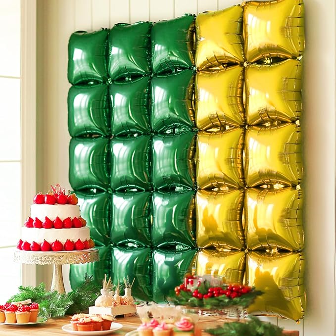 NISOCY 25PCS Christmas Balloons Green Gold Square Foil Balloon Wall Backdrop Double Sided Deep Green Gold Balloons Arch Kit for Birthday New Year Graduation St. Patrick's Day Party Decorations