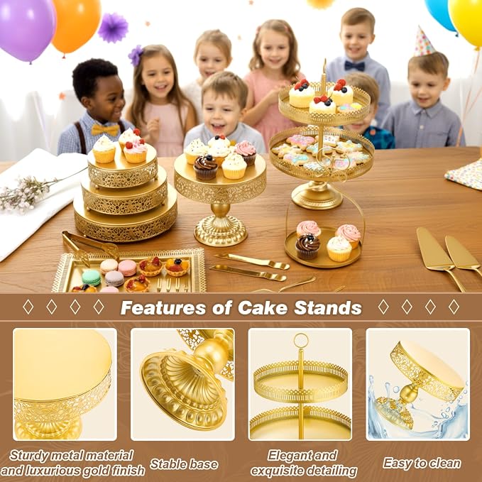 Wenqik 15 Pcs Gold Cake Stand Set Metal Dessert Display Set Tiered Cupcake Holder Square Serving Trays Round Tower Tray Platter for Wedding Birthday Party Celebration (Classic Style)